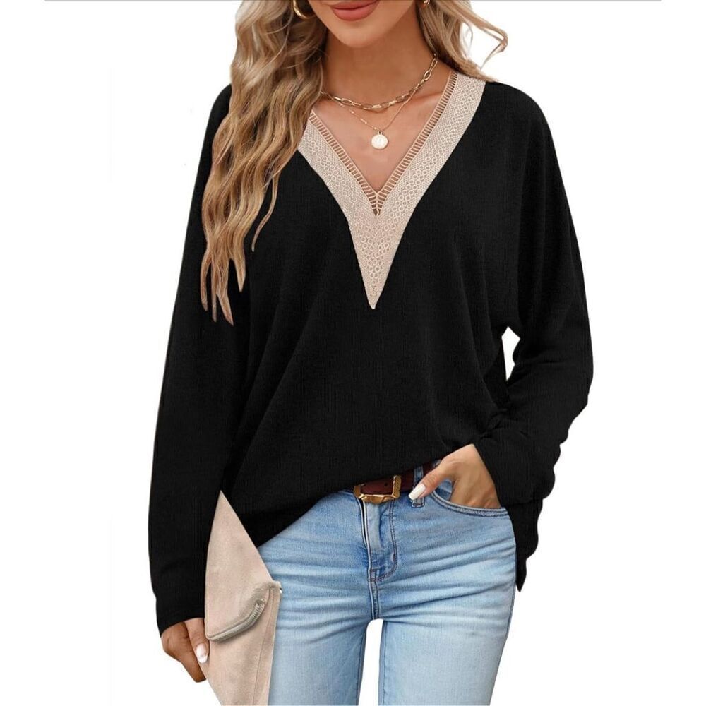 AGSEEM Womens Guipure Lace V-neck Loose Long Sleeve Tunic Top Black Medium NWOT